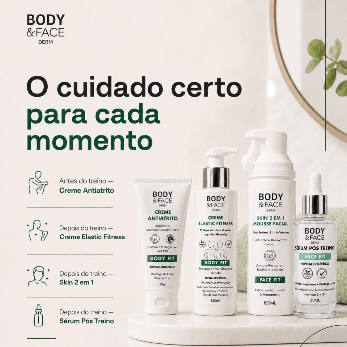 Linha de quatro dermocosméticos fitness Body & Face Derm
